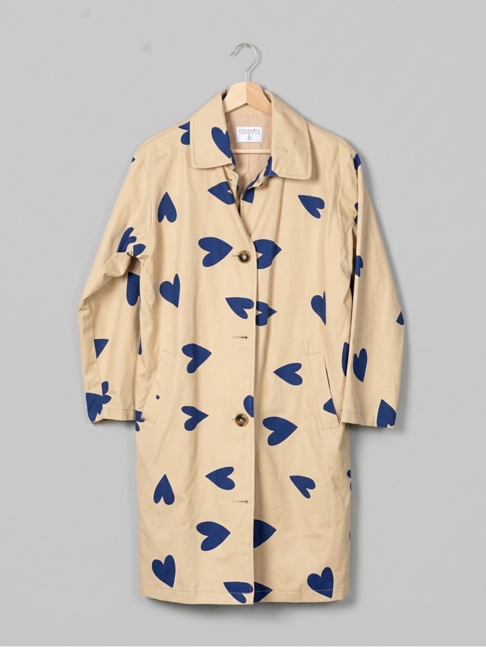 Compania Fantastica Heart Print Cotton Midi Trench Coat Jacket Tan Blue